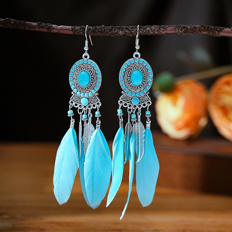 Bohemian Long Sun Flower Feather Earrings for Women Trendy Ethnic Retro Gold Color Chain Tassel Earring Wedding Vacation Jewelry