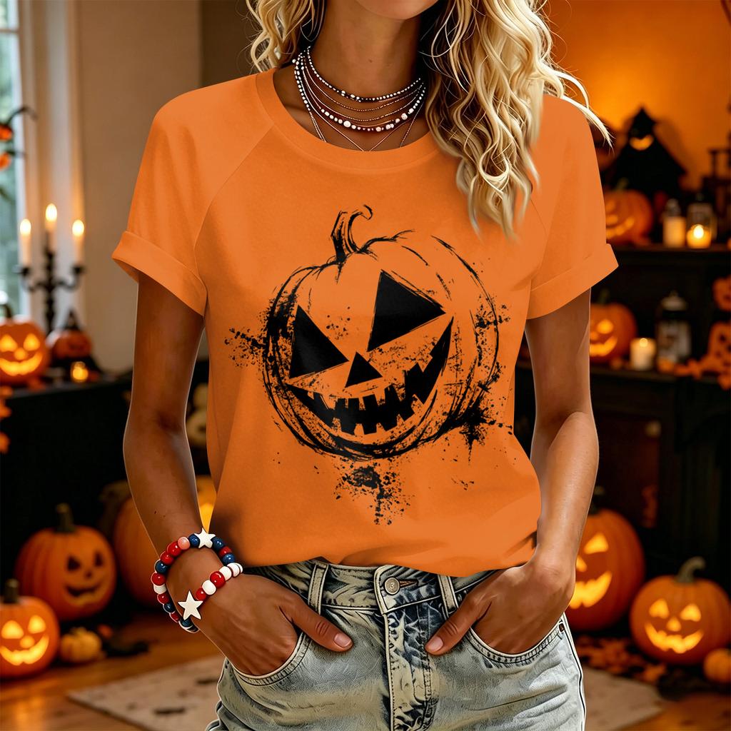 Women Casual Short Sleeve T Shirt Halloween Pumpkin Face Print Crew Neck Lightweight Top for Everyday Wear