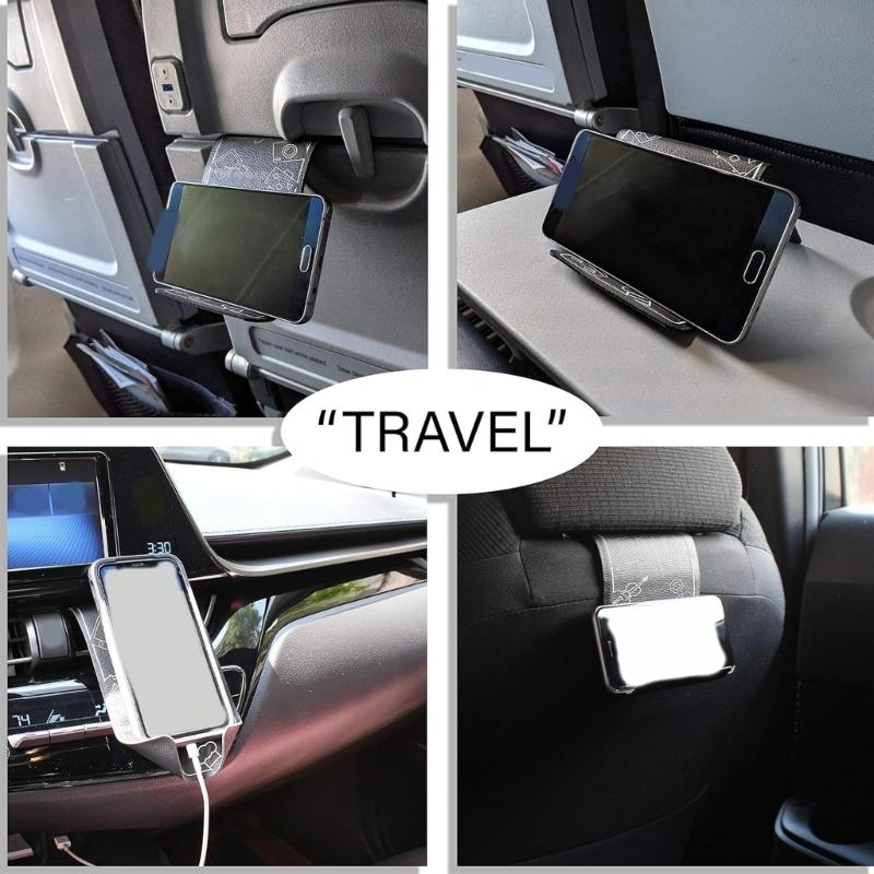 Portable Phone and Tablet Stand with Fold-Flat Design, Adjustable Desk Viewing Support in PU and Metal for Travel Use