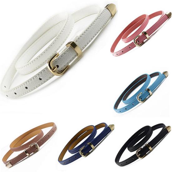 Women All Match Fashion Skinny Waist Belt Faux Leather Buckle Narrow Waistband
