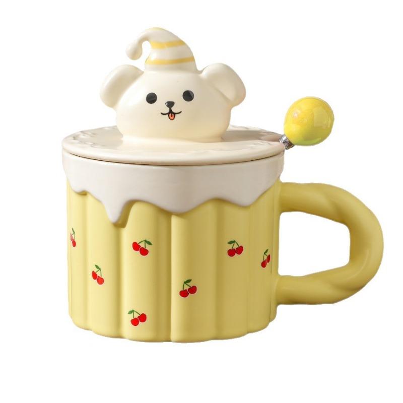 400ML European Ceramic Cake Coffee Mug with Lid and Spoon Cute Dog Design Delicate Afternoon Tea Latte Cup Home Breakfast Mug