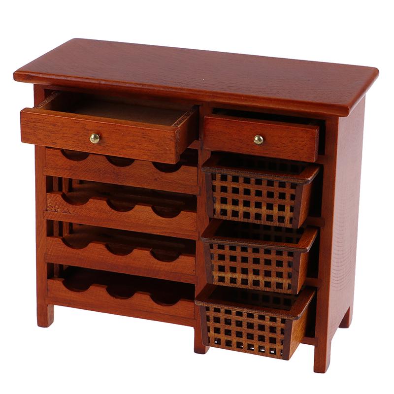 1pc 1/12 Simulation Model Mini Mahogany Wine Cabinet Wooden Drawer Cabinet Miniature Doll House Accessory Children's Toys