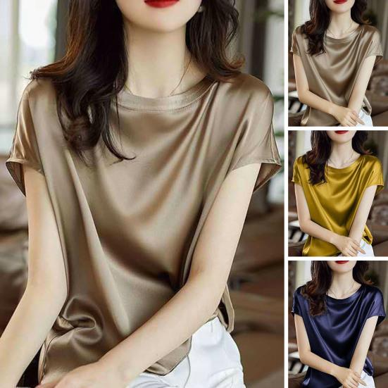 

Женский топ, однотонный атласный свободный повседневный пуловер с круглым вырезом и короткими рукавами, цветная женская футболка, женская одежда