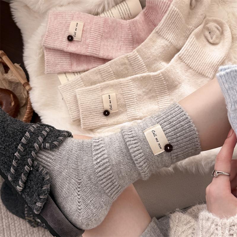 Woolen Mid-calf Women's Socks for Winter, Thickened and Warm Knitted Fabric Label Button Solid Color Simple Pile Socks