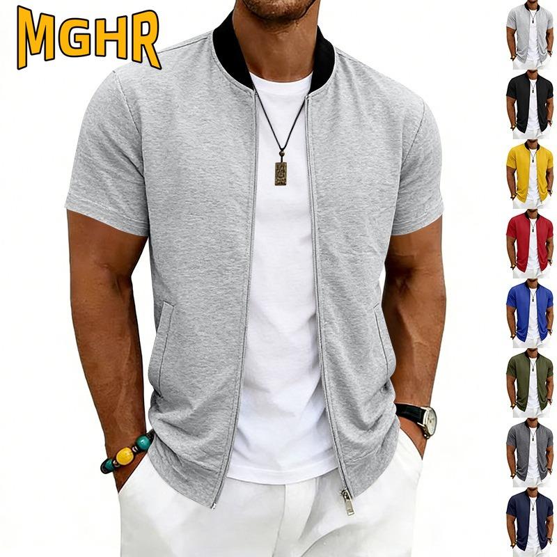 MGHR Men's Vintage Casual Solid Color Print Summer Spring Short Sleeve Stand-up collar Jackets & Coats