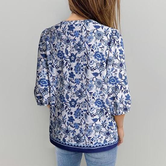 Women Shirt Loose Fit V Neck Printed Button Placket Shirt Tops Half Sleeve Breathable Summer Casual Tops