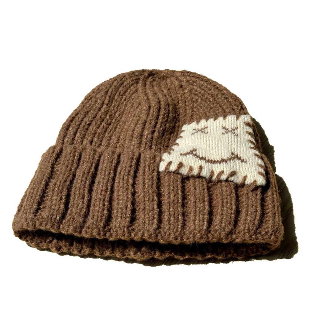 Smiley Face Patch Woolen Hat for Men and Women In Autumn and Winter Warm and Versatile   Small Knitted Hat with Face Ear Protection Cold Hat