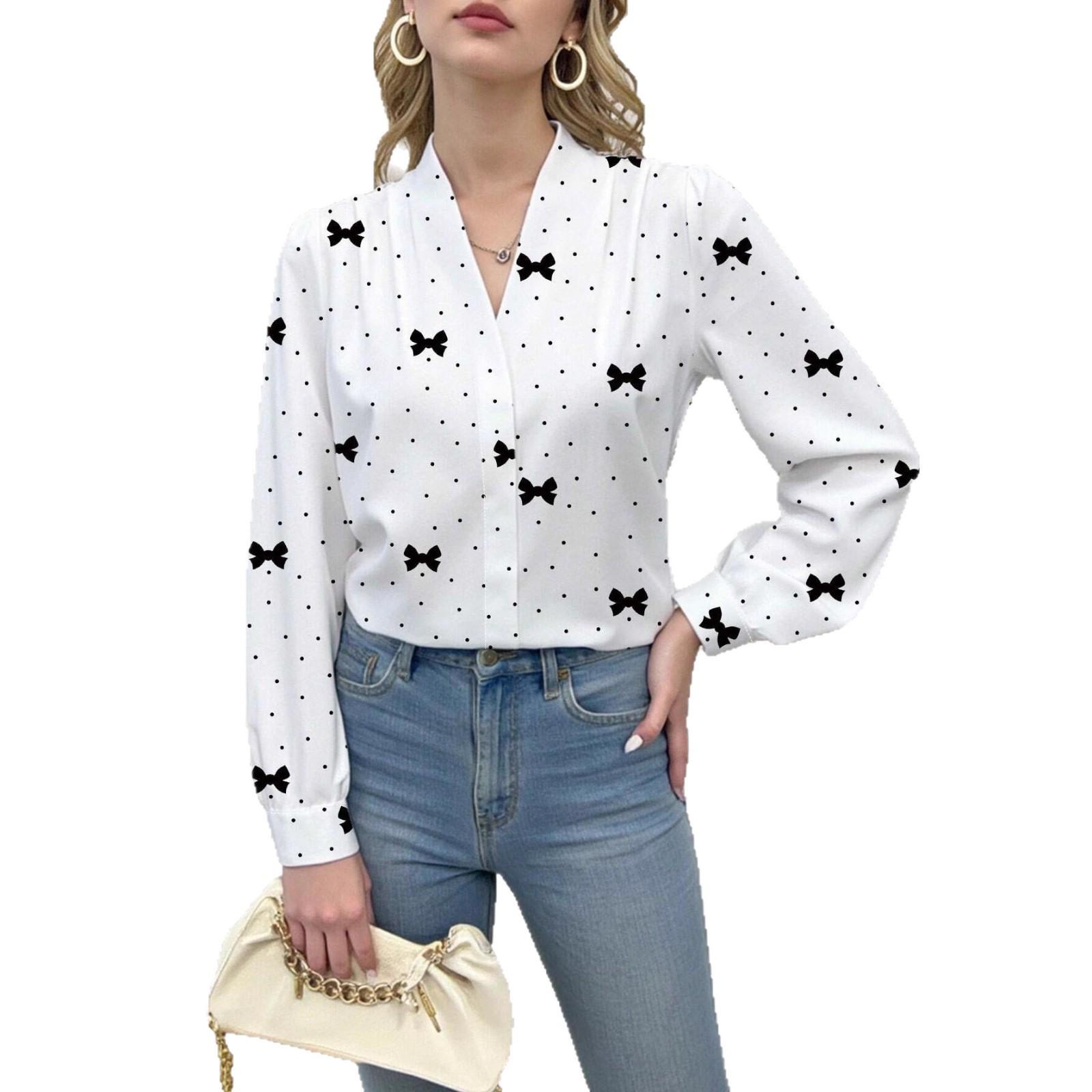 

Женская рубашка с длинным рукавом, V-образным вырезом и принтом в горошек с бантом – Элегантная и повседневная L белый