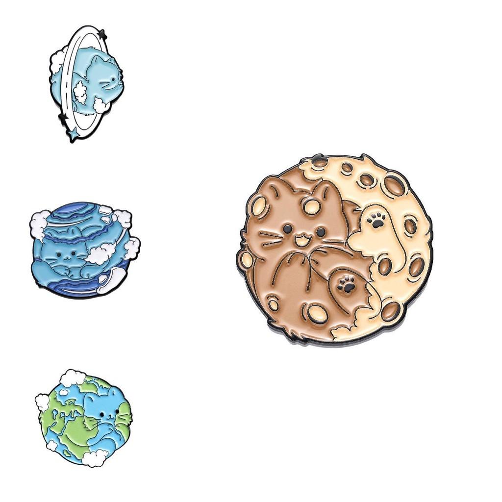Cute Cartoon Creative Earth Ocean Protection Brooch Adorable Cat Planet Pin For Accessories