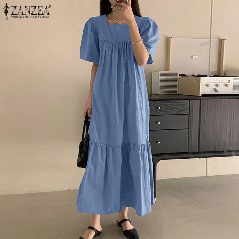 

ZANZEA женское богемное повседневное летнее длинное платье с коротким рукавом и квадратным воротником