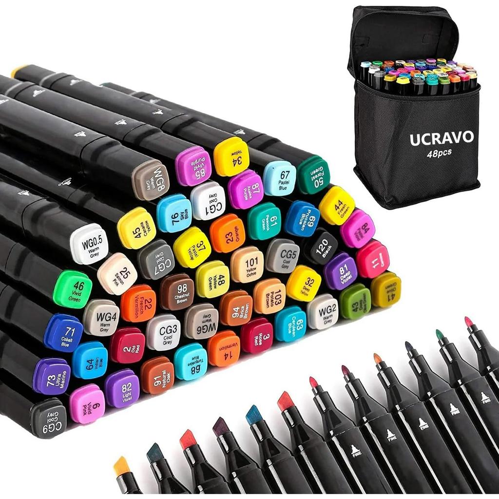 UCRAVO 48 Colors Markers, Double Tip Blender Art Drawing Markers Set, Professional Permanent Sketch Markers, Sketching D