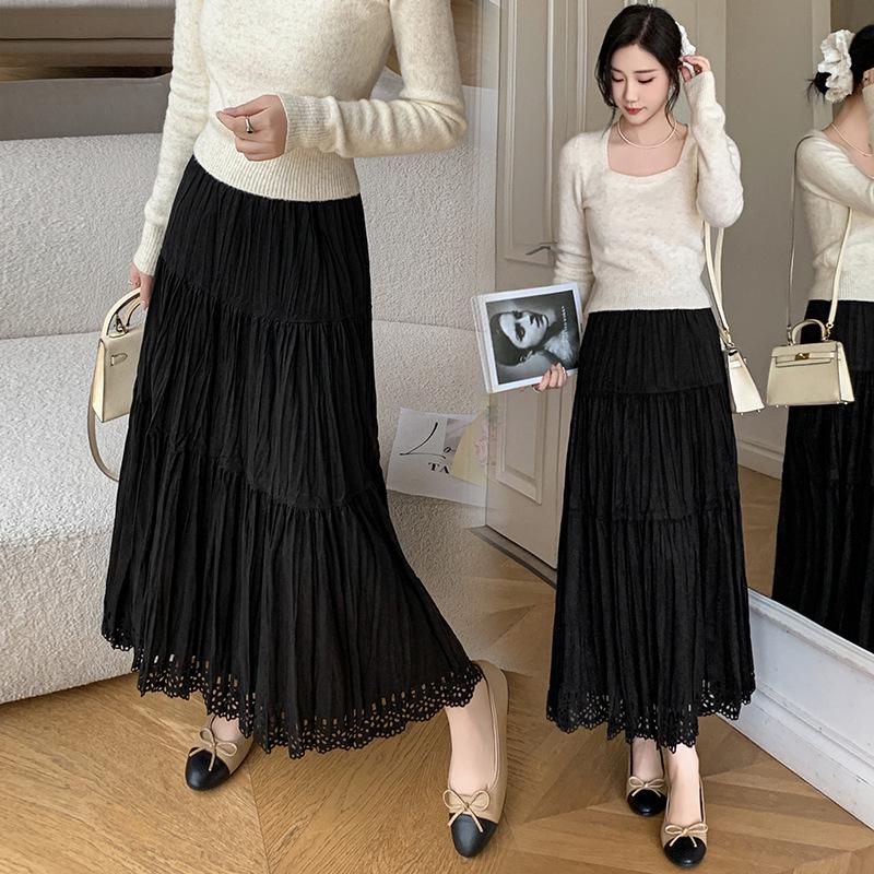 Pleated Suede Velvet A-line Skirt with Elastic High Waist