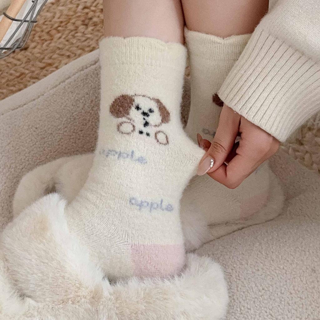 Rosa Welpen Plüsch Socken Wintersocken Plüsch Verdickt Warm Nahtlos Mittelrohr Zuhause Cartoon Schlaf Socken