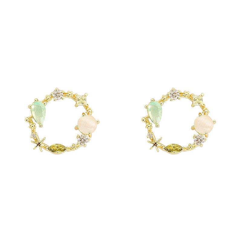 Neue klassische runde rosa grüne Kristall-Ohrstecker für Frauen, süße Blumen-Circle-Schmuck, Mode, YSL