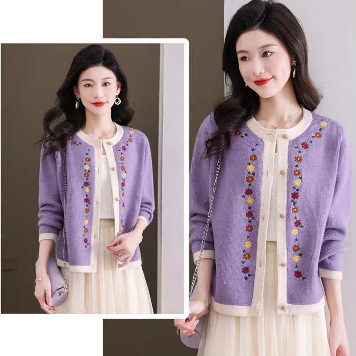 Patchwork Embroidered Knitted Cardigan for Women Solid Color Casual Sweater Coat Autumn and Winter Round-neck Top