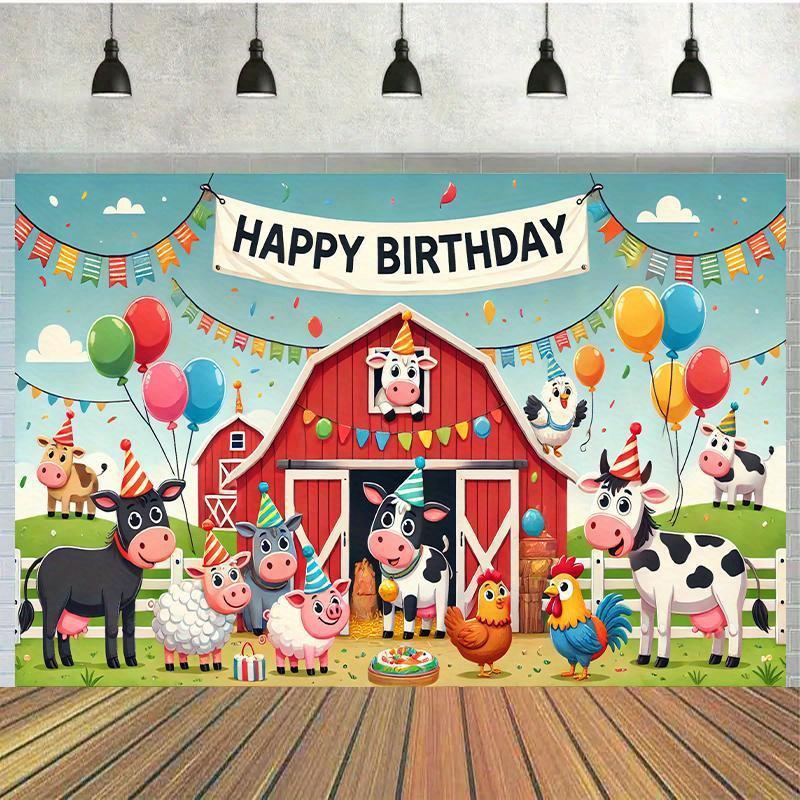 1pc Farm Animal Birthday Party Background - Vibrant Polyester Background, Barn, Cows, Chickens and Balloons, Cow Decorations