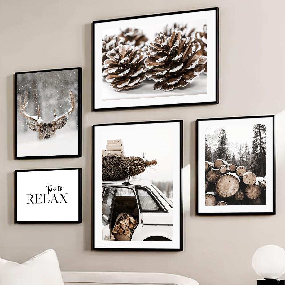 Wall Art Canvas Painting Christmas Winter Pine Forest Deer Lynx Modern Living Room Decoration Posters And Prints Wall Pictures