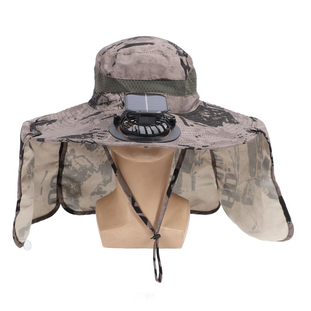 Solar Fan Sun Hat USB Rechargeable Adjustable UPF50 Waterproof Wide Brim Fishing Hat with Neck Flap