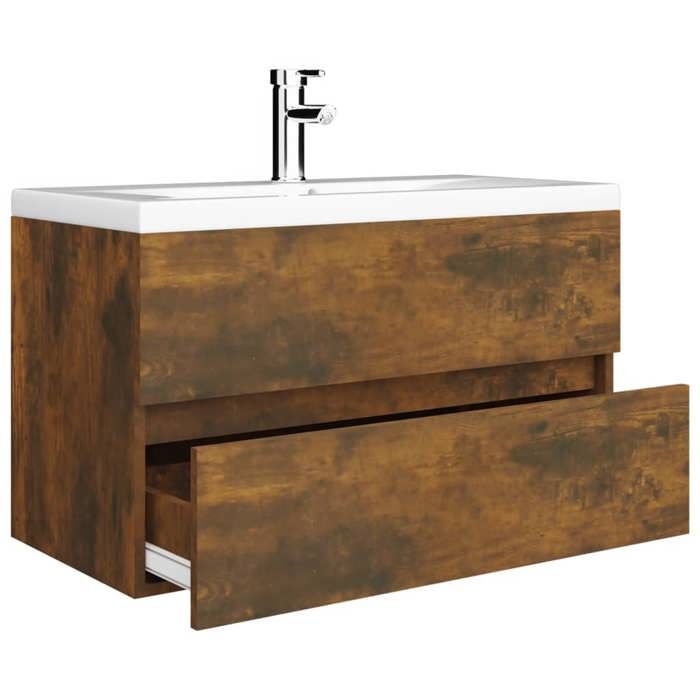 Meuble lavabo - MAISON EXCLUSIVE - Chêne fumé - Bassin céramique intégré - Tiroir de rangement - Robinet fourni