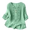 Women Boho Embroidered Blouse V‑Neck Linen Blouse Loose Button Decor Casual Tunic Top for Ladies Daily Wear