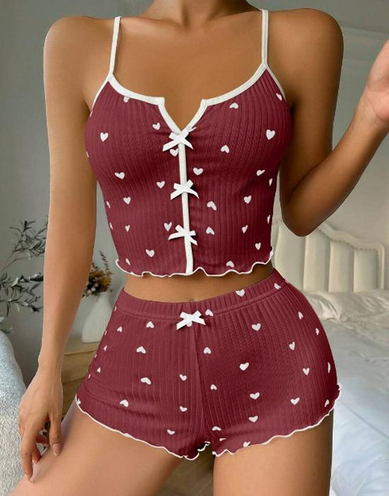 

Многоцветный пижамный комплект с принтом в виде сердец: Майка и шорты из молочного шелка с бантом XL