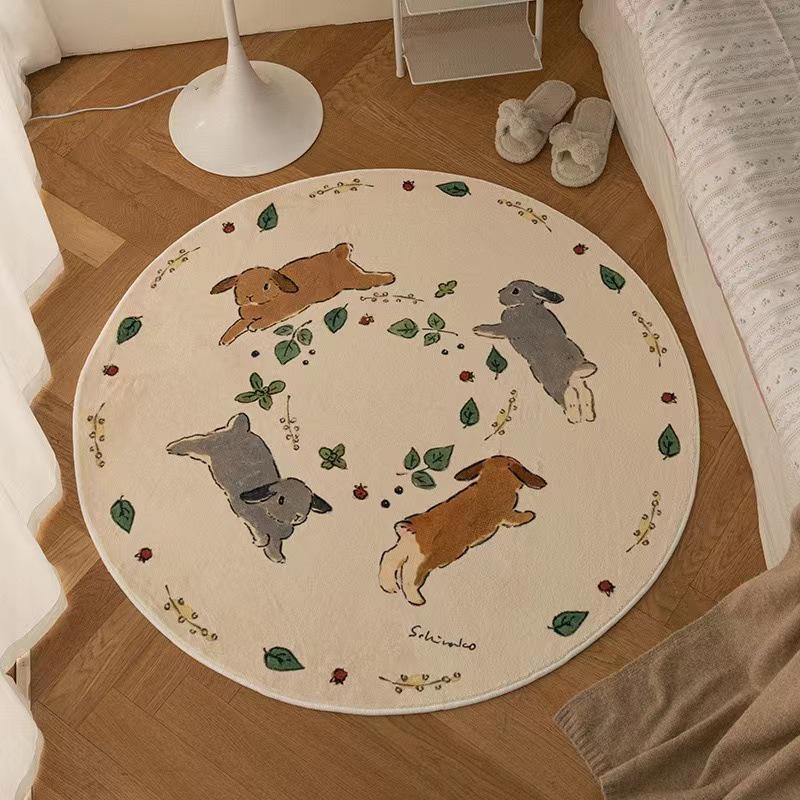 Mori Style Round Rabbit Rug: Cute French Coffee Table, Bedroom, or Study Floor Mat