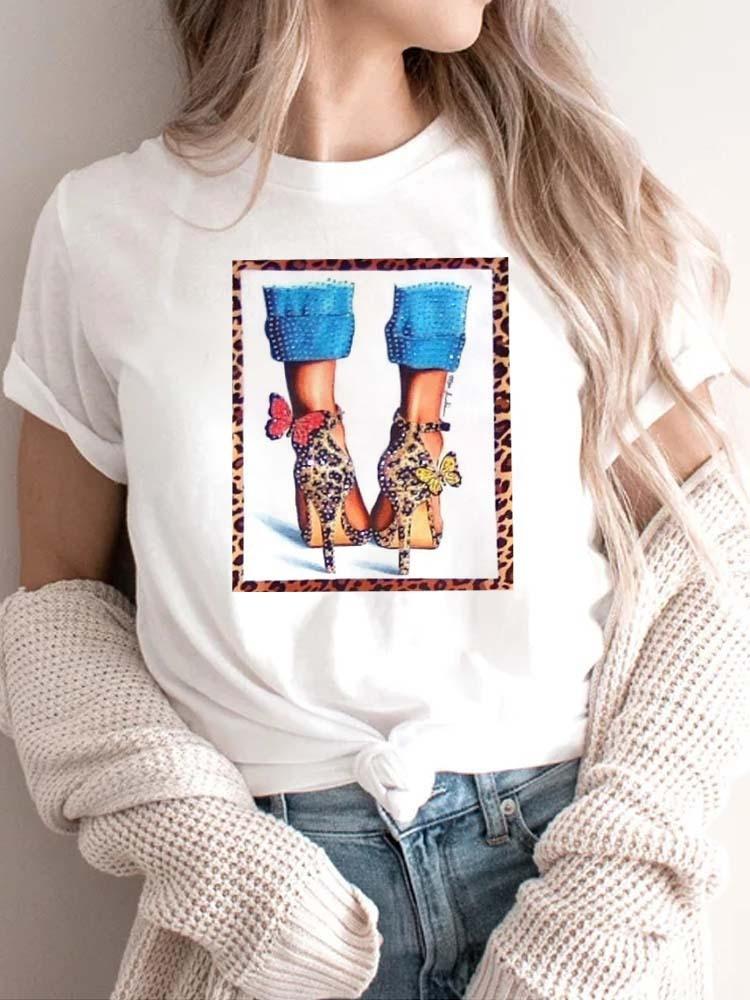 Modisches bedrucktes High-Heel-T-Shirt für Damen Modisches weißes Kurzarm-T-Shirt mit Schleifendesign Lässiges Home-Top für Mädchen