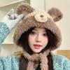 Niedliche Bären Plüschmütze Damen Winter Gesicht zeigend Japanischer Stil Warm Pelzig Ohrenschutz Schnürung Gestrickte Ohrenschützmütze