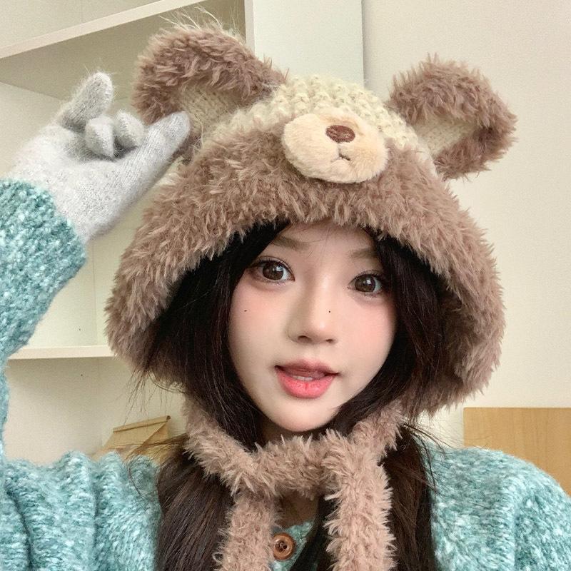 Niedliche Bären Plüschmütze Damen Winter Gesicht zeigend Japanischer Stil Warm Pelzig Ohrenschutz Schnürung Gestrickte Ohrenschützmütze