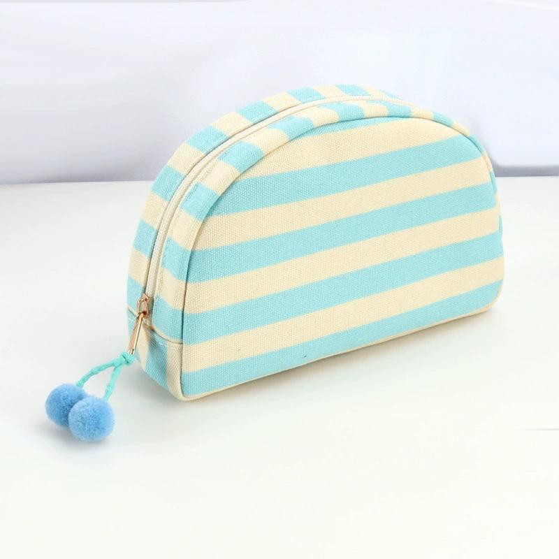 Personalized Embroidered Striped Pompon Cosmetic Bag Canvas Travel Toiletry Bag Shell Large-capacity Portable Outing