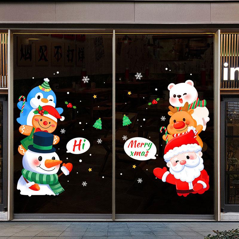 Christmas Window Stickers Happy New Year Decorative Glass Window Static Sticker Merry Xmas Santa Claus Shopping Center Ornament