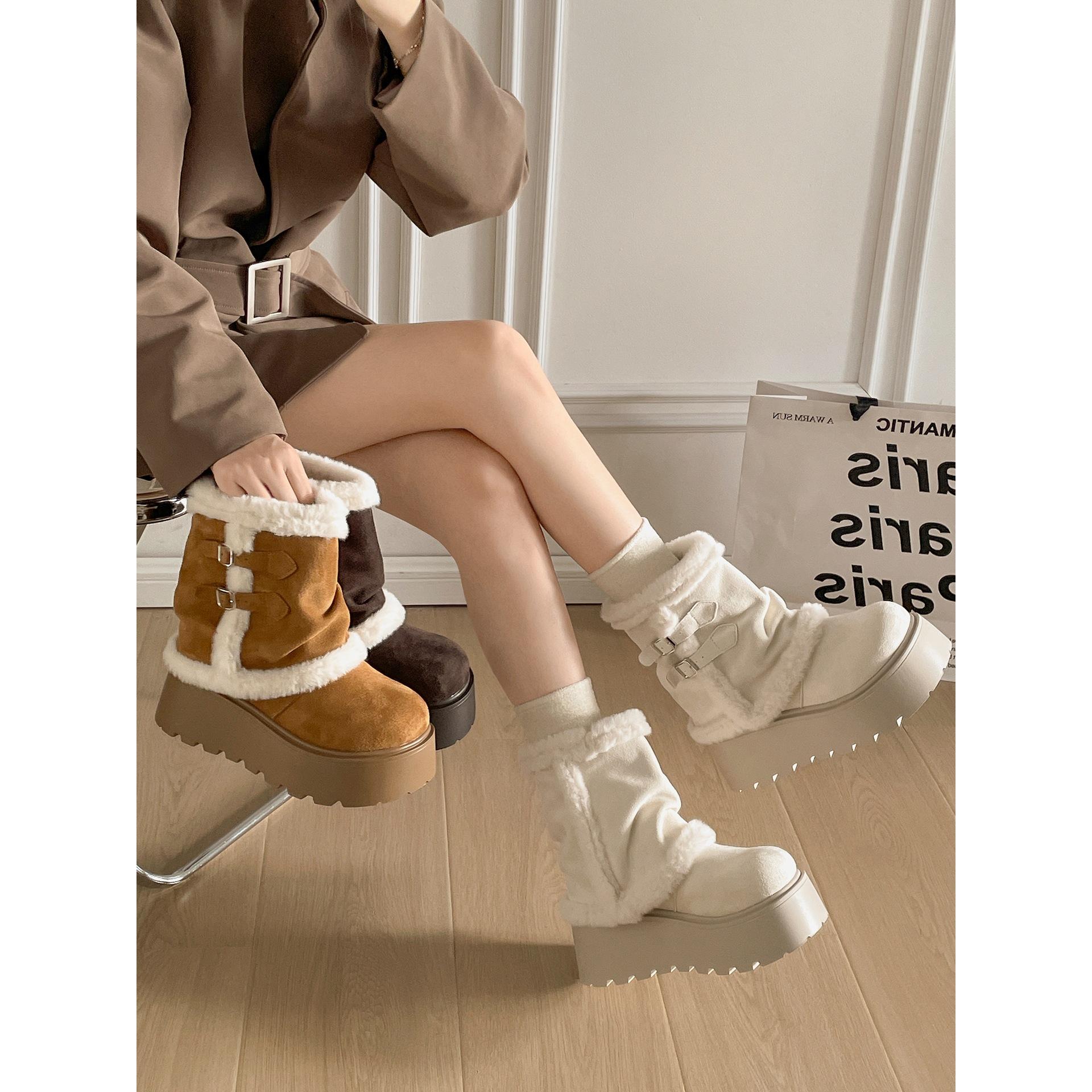 

White retro velvet thickened thick-soled snow boots women s winter wear heightening thermal cotton shoes 40 коричневий