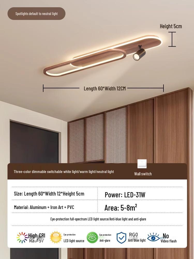Minimalist Chinese Style Wood Grain Ceiling Spotlight for Hallway, Living Room, Entrance, or Cloakroom