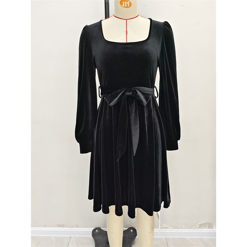 

Модный стиль Новинка Модное платье из бархата с квадратным вырезом и длинным рукавом Женское платье А-силуэта, подчеркивающее талию Black XL