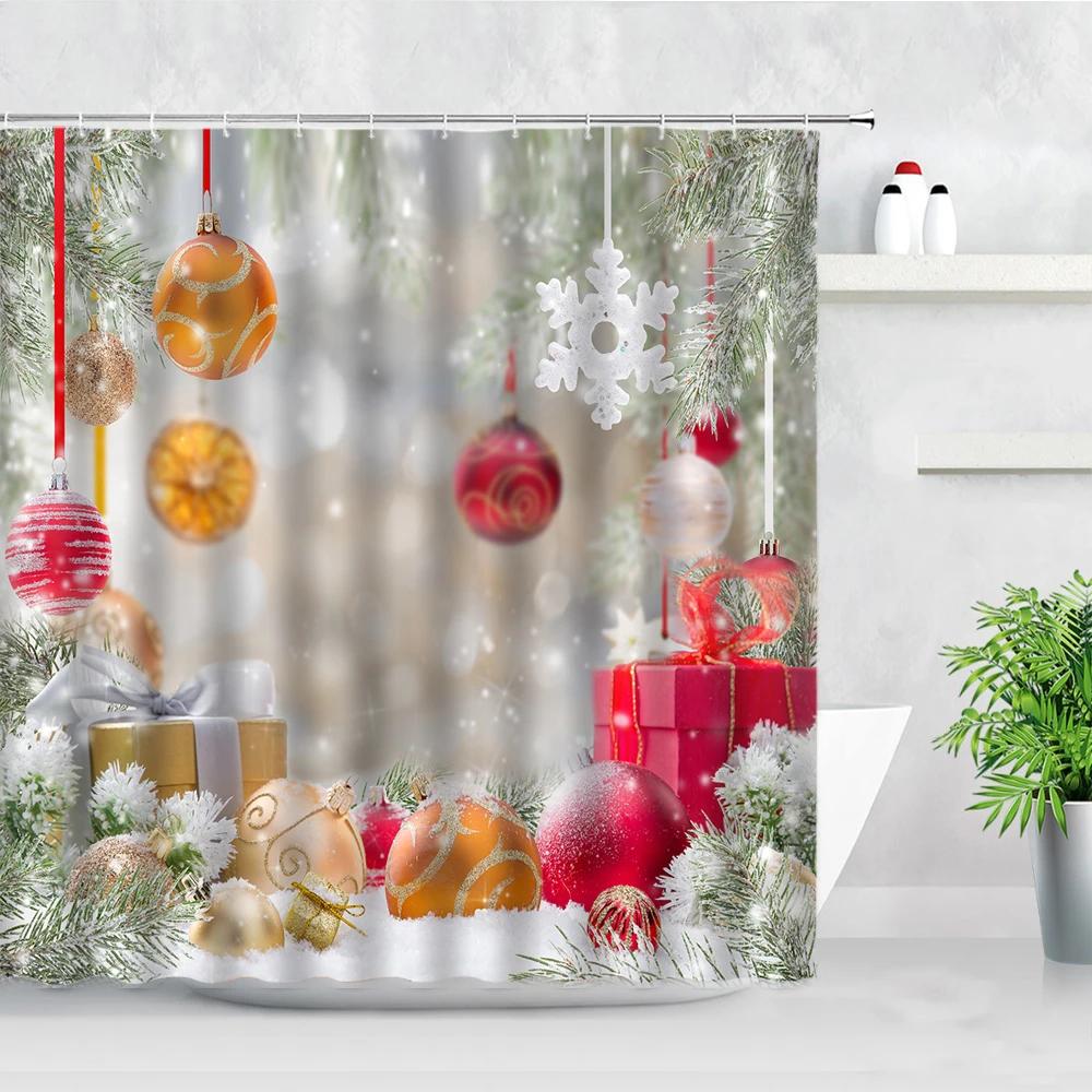 Winter Christmas Shower Curtains Xmas Ball Gift Cedar Natural Landscape New Year Home Decor Bathroom Fabric Bath Curtain Hooks