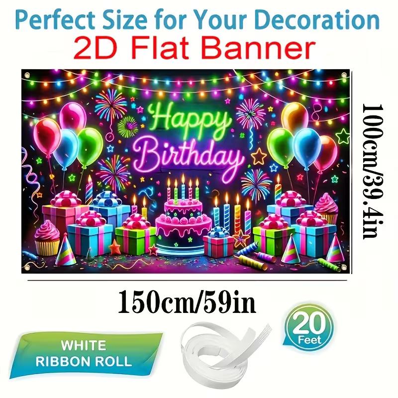 2D Blacklight Birthday Background Cloth, Neon Balloon & Cake Party Backdrop
