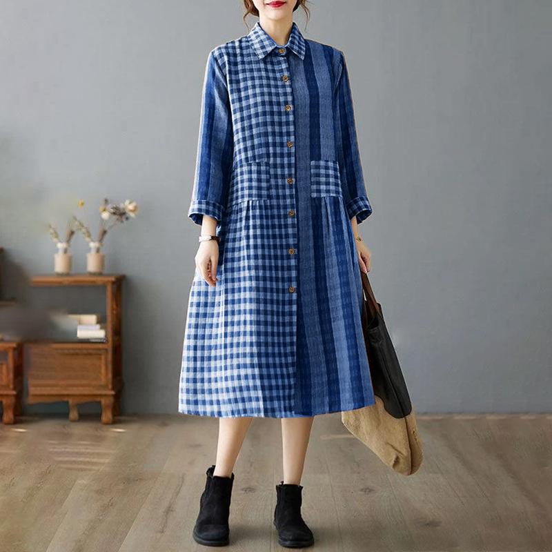 ZANZEA Rochie casual largă cu mâneci 3/4 și guler turn-down cu imprimeu carouri pentru femei