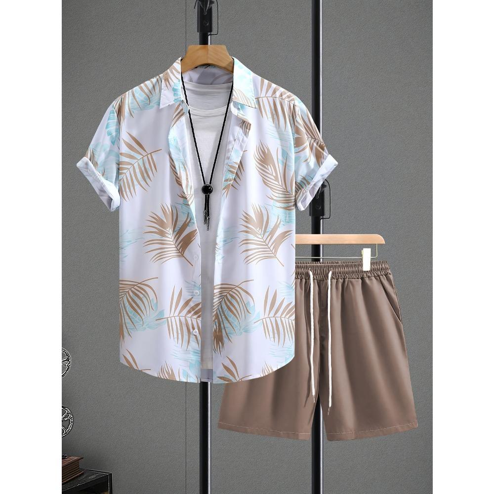 2 Stück Sommer Herren Tropische Stranddrucke Shorts & Hemden Set Kordelzug Taille Strandbekleidung Tropischer Druck Asiatische Größe Mode