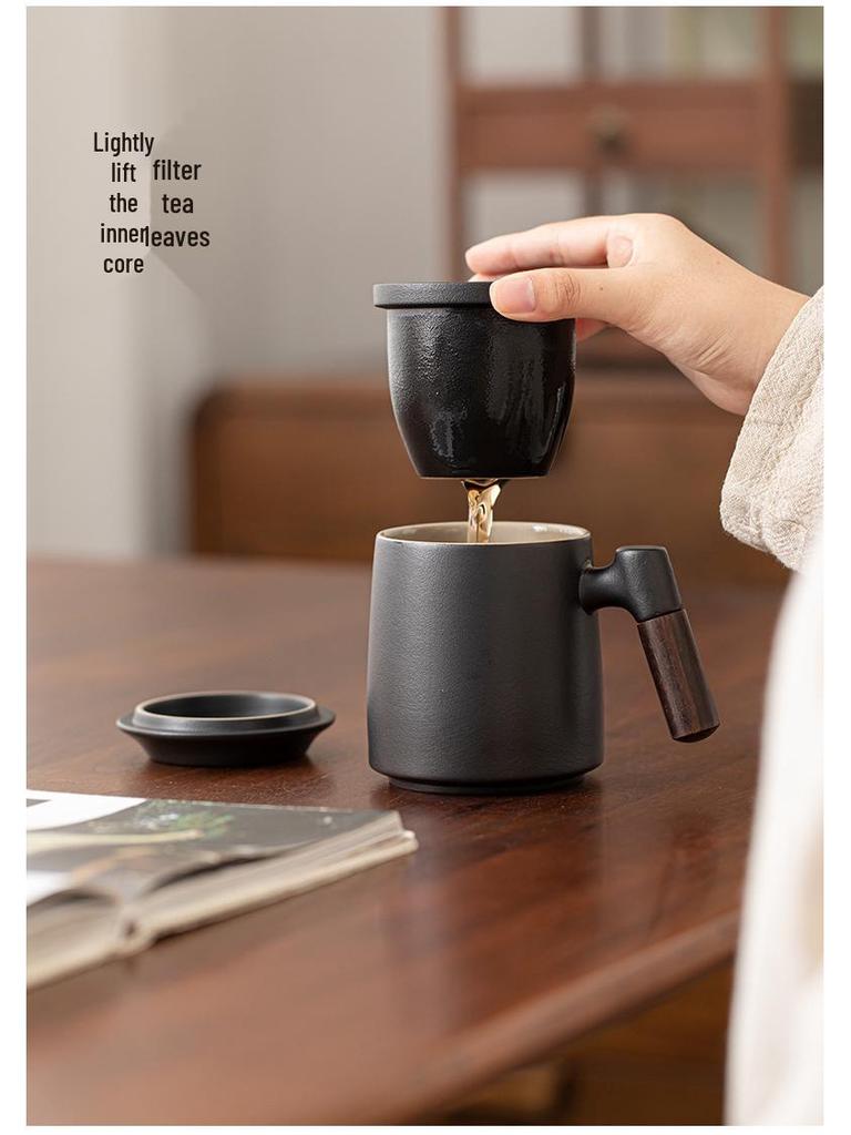 Black Pottery Ceramic Mug with Lid and Liner - Tea & Water Separation Cup, Ideal Office Gift