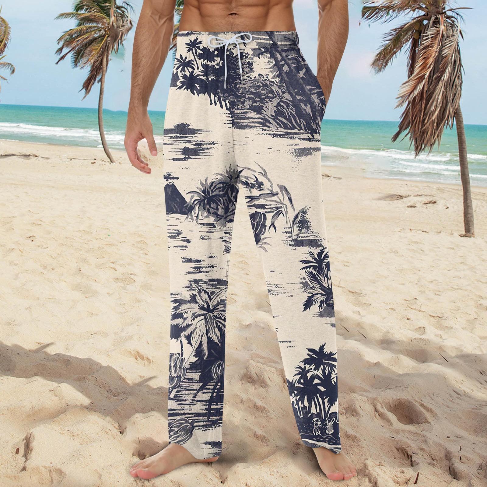

Мужские мягкие домашние пижамные штаны с гавайским принтом, повседневные спортивные штаны с завязками L бежевый
