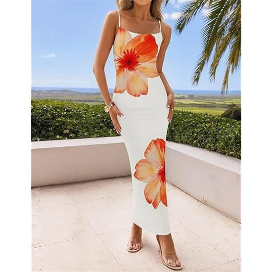 Women's Sexy Suspender Backless Flower Print Slim Summer Long Dress