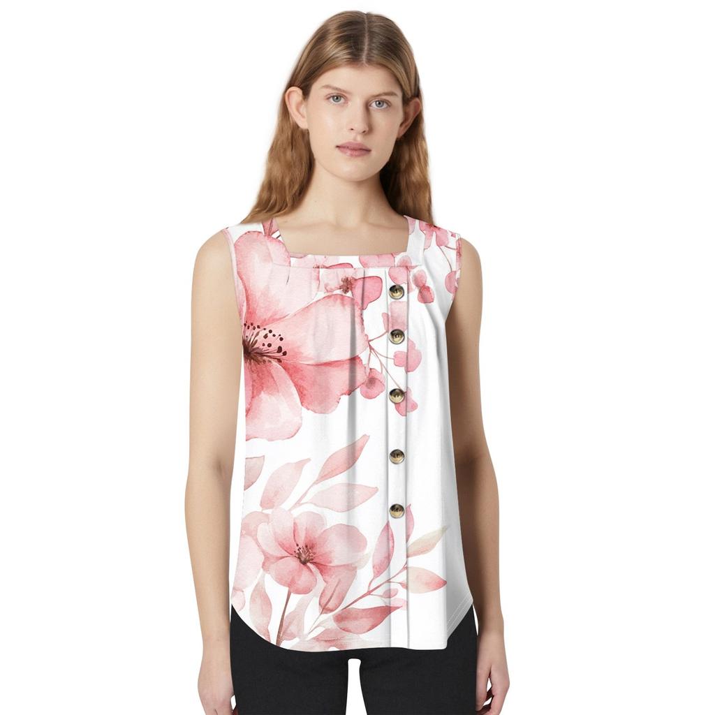 Women's Fashion Casual Basic Pleated Plain Button Square Collar Sleeveless Vest Print Summer Tank Tops