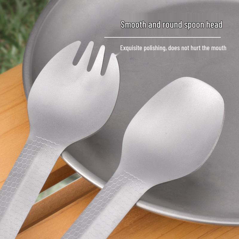 Portable Outdoor Titanium Fork and Spoon with Rhombus Pattern - Lightweight Camping Tableware