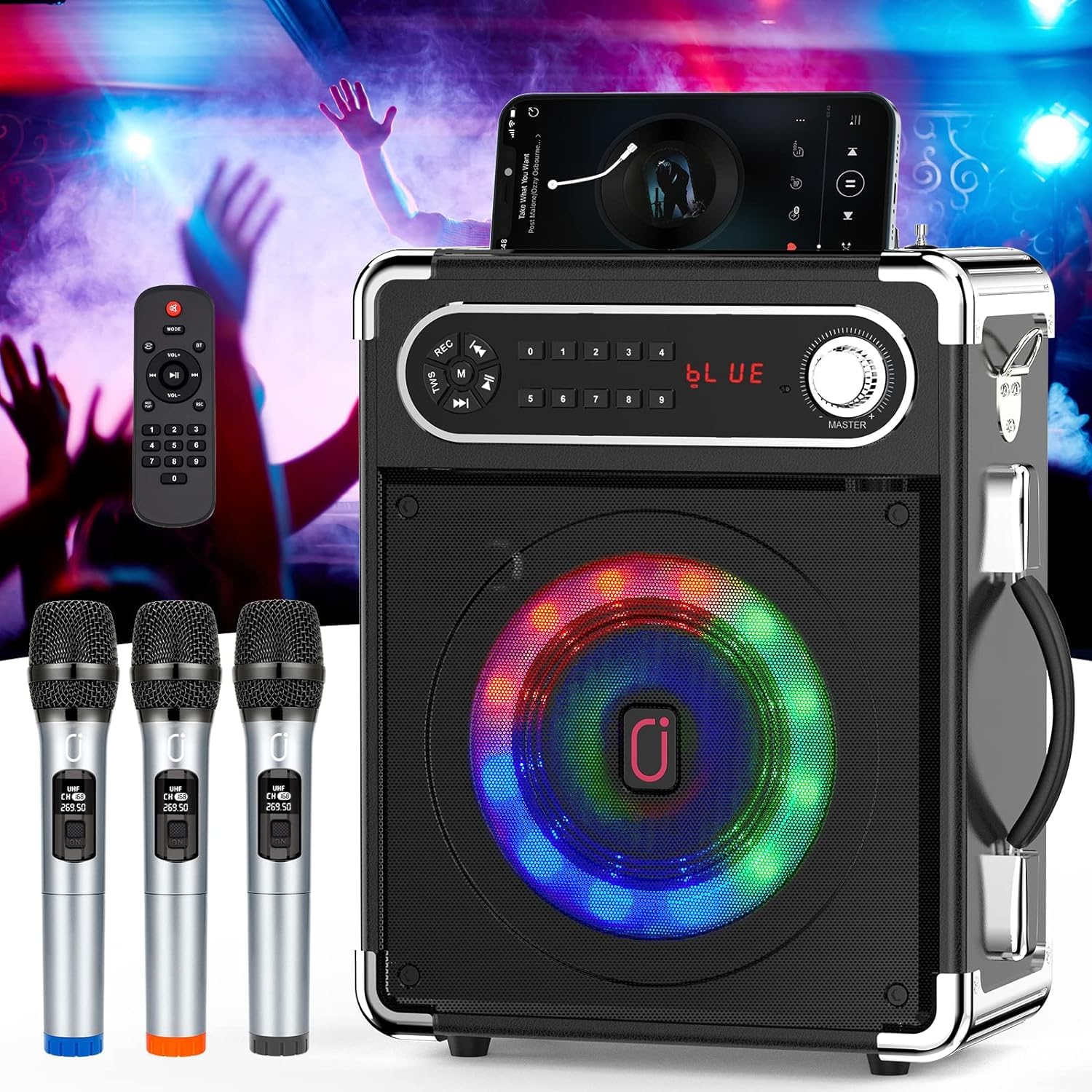 

JYX Speaker Set, Loudspeaker, 3 Wireless Microphones, Compatible with Bluetooth 5.0, Equipped with High and Bass Enhancement Function, Rechargeable,