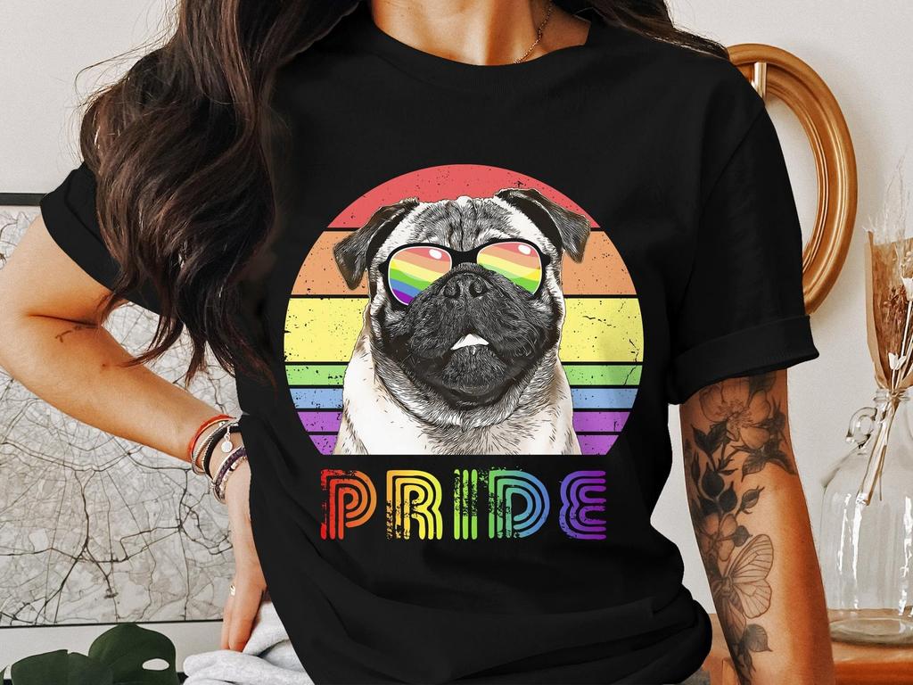 Pride Pug T-Shirt, Rainbow Glasses Dog Tee, LGBTQ Supportive Pet Lover Shirt, Colorful Canine Pride Parade Apparel