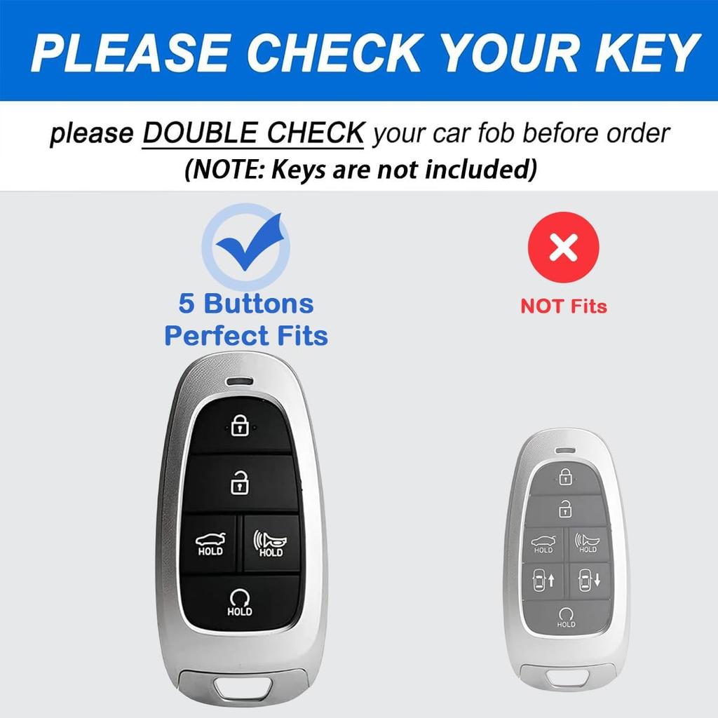 Key Fob Cover For Hyundai With Key Chain, Upper Leather + Soft TPU Car Key Case Shell For 2024   Hyundai Sonata Santa Fe Nexo Tucson (5 Buttons,