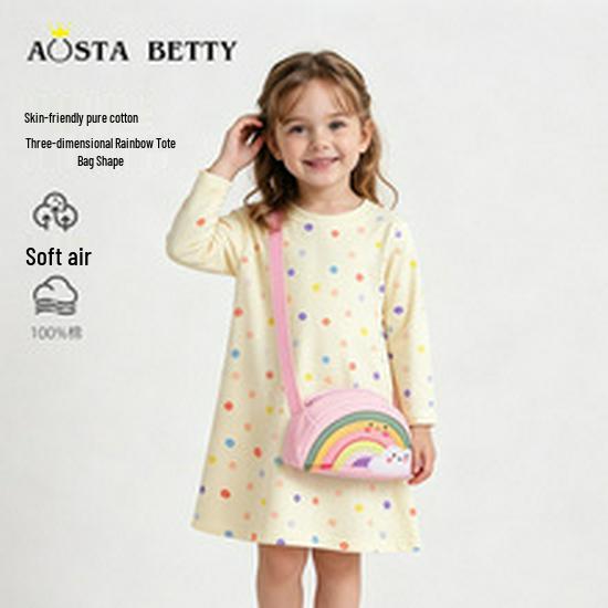 European & American Style Girls' Long-Sleeve Dress with Mouse Appliqué Embroidery - 2026 Autumn Collection