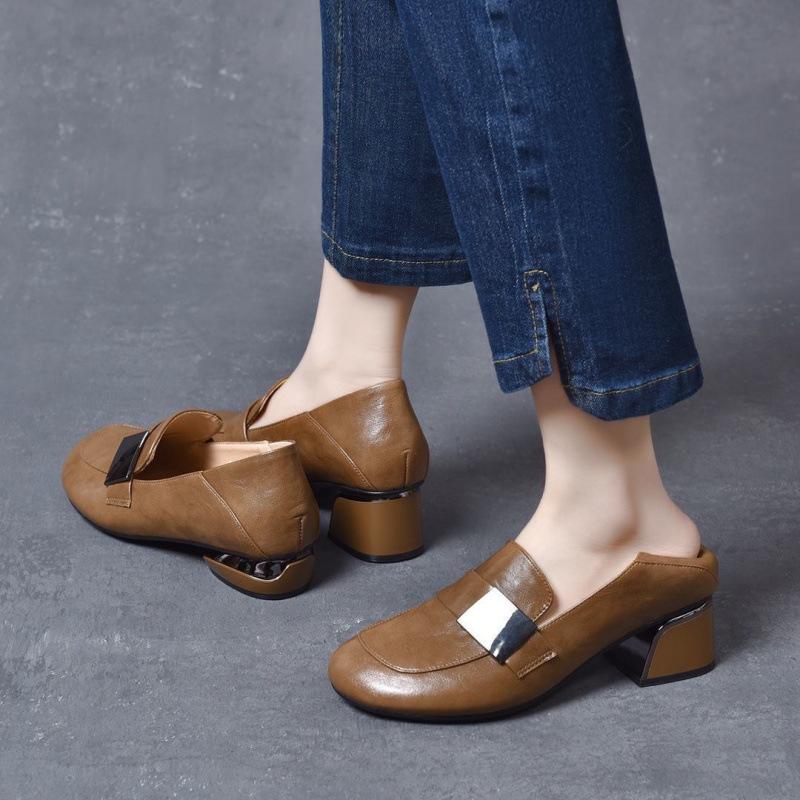 Leather Low-heeled Single Shoes Women's Spring 2025 New Round Head Soft Leather Loafers Flat Leather Shoes Versatile Doudou Shoes