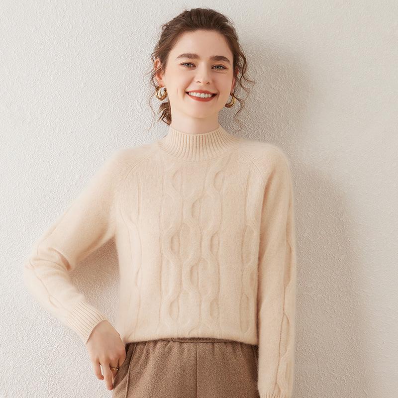 Women's Cable Knit Cashmere Top – Half-High Collar, Long Sleeve, Loose Fit, Versatile Sweater