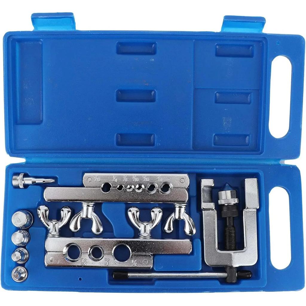Flaring Tool Kit 1/8"-3/4" with 2 rods 5 forged adapters 7 tube sizes For extended brake line refrigeration